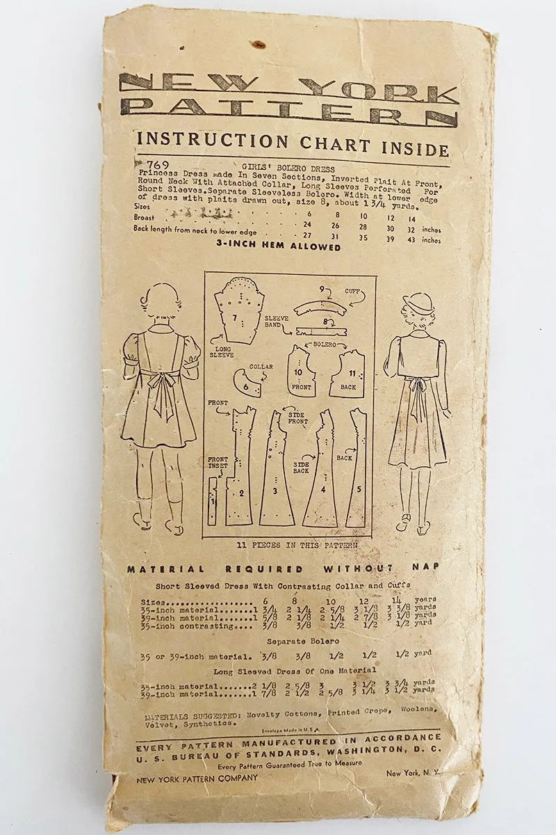 1930s Vintage New York Pattern 769 Dress & Sleeveless Bolero Jacket