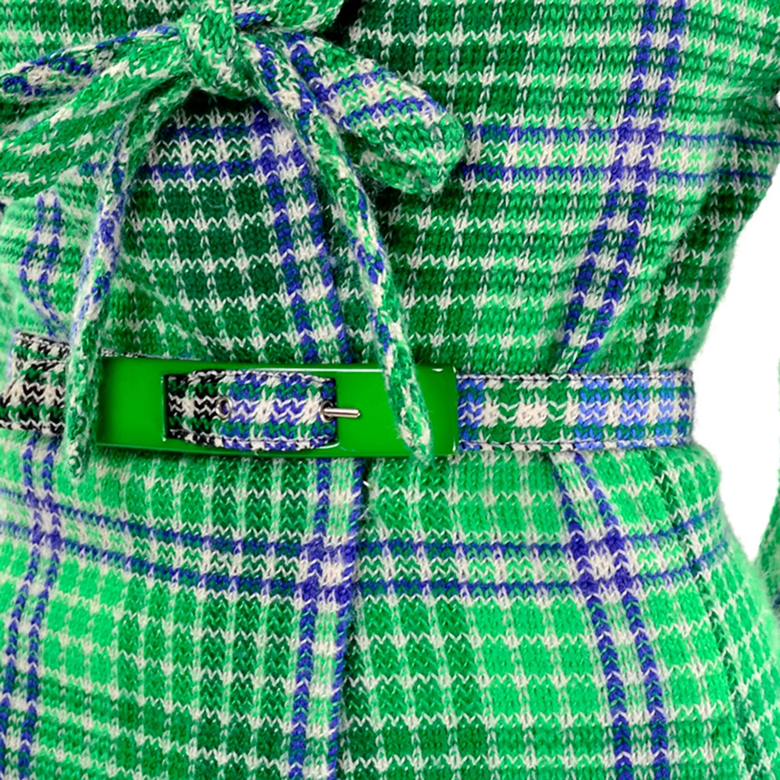 1970s Vintage Missoni Green Plaid Knit Skirt Suit With Belted jacket