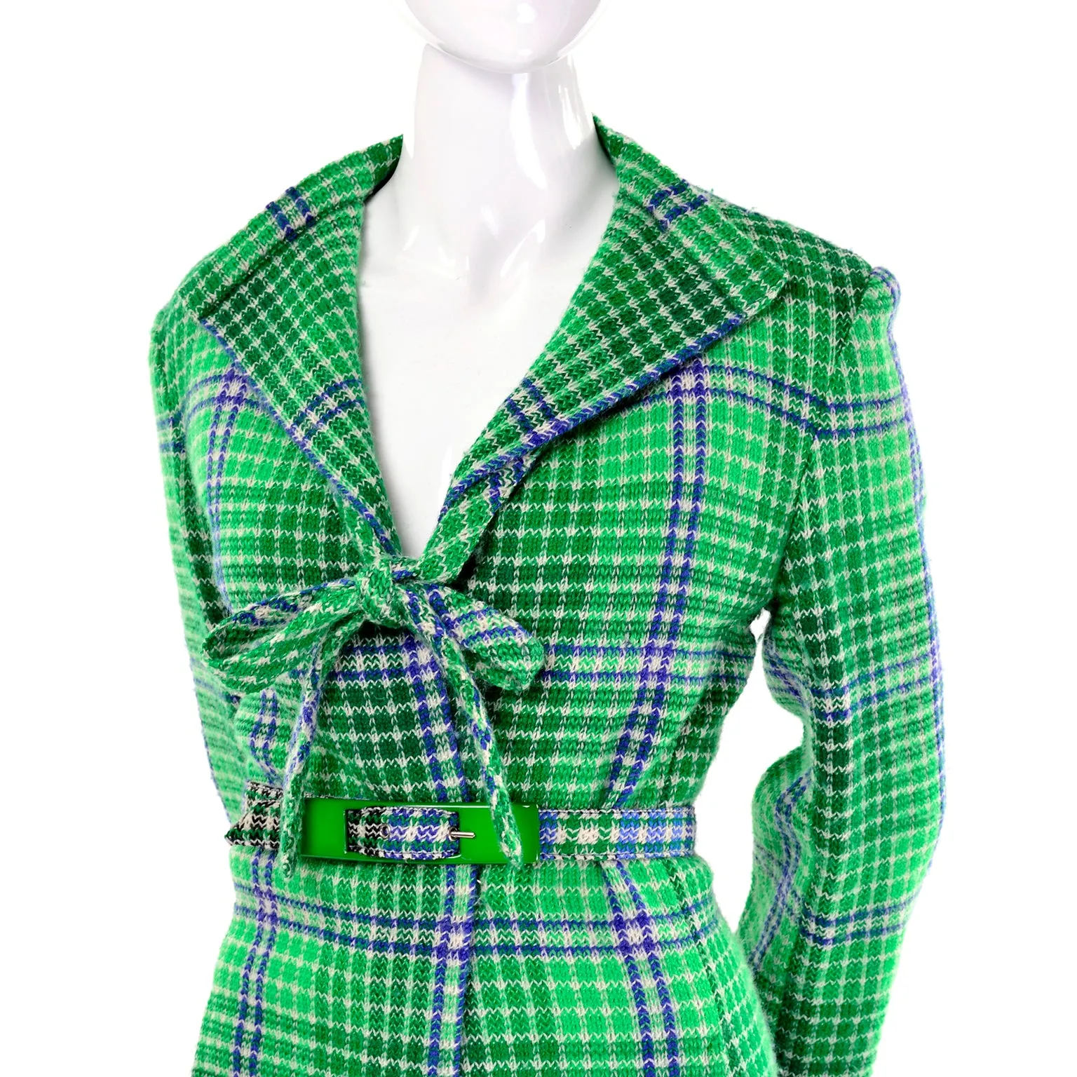 1970s Vintage Missoni Green Plaid Knit Skirt Suit With Belted jacket