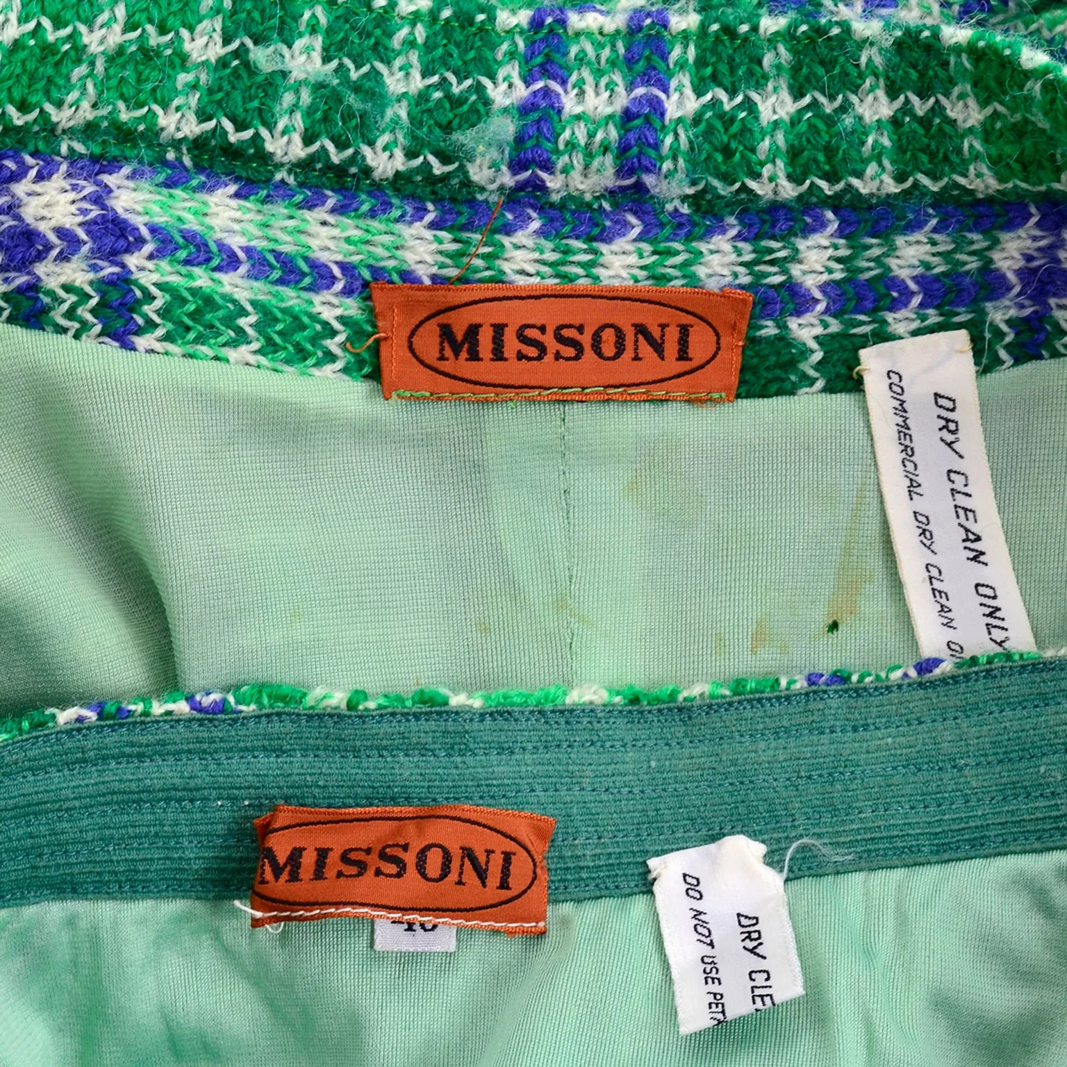 1970s Vintage Missoni Green Plaid Knit Skirt Suit With Belted jacket