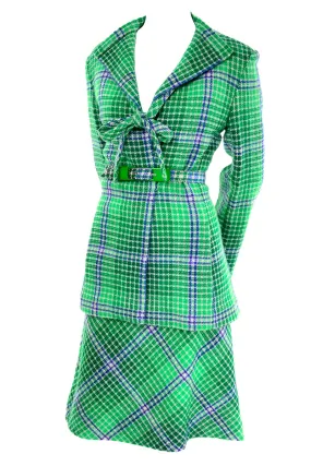 1970s Vintage Missoni Green Plaid Knit Skirt Suit With Belted jacket