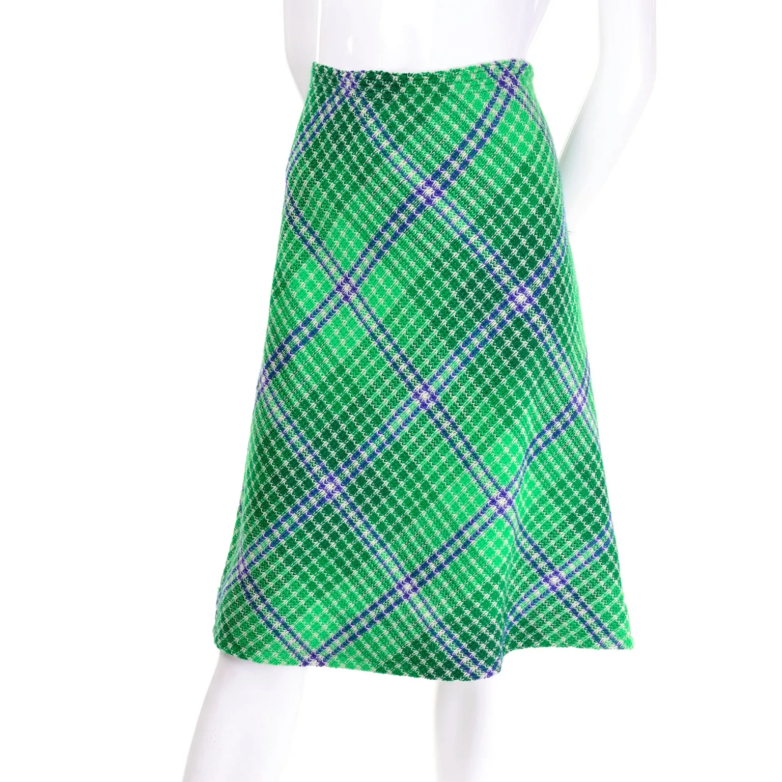 1970s Vintage Missoni Green Plaid Knit Skirt Suit With Belted jacket