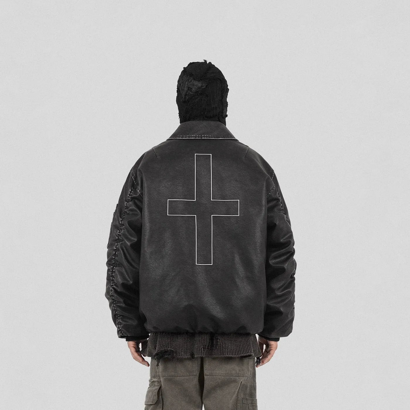 Black Leather Jacket with Cross Design