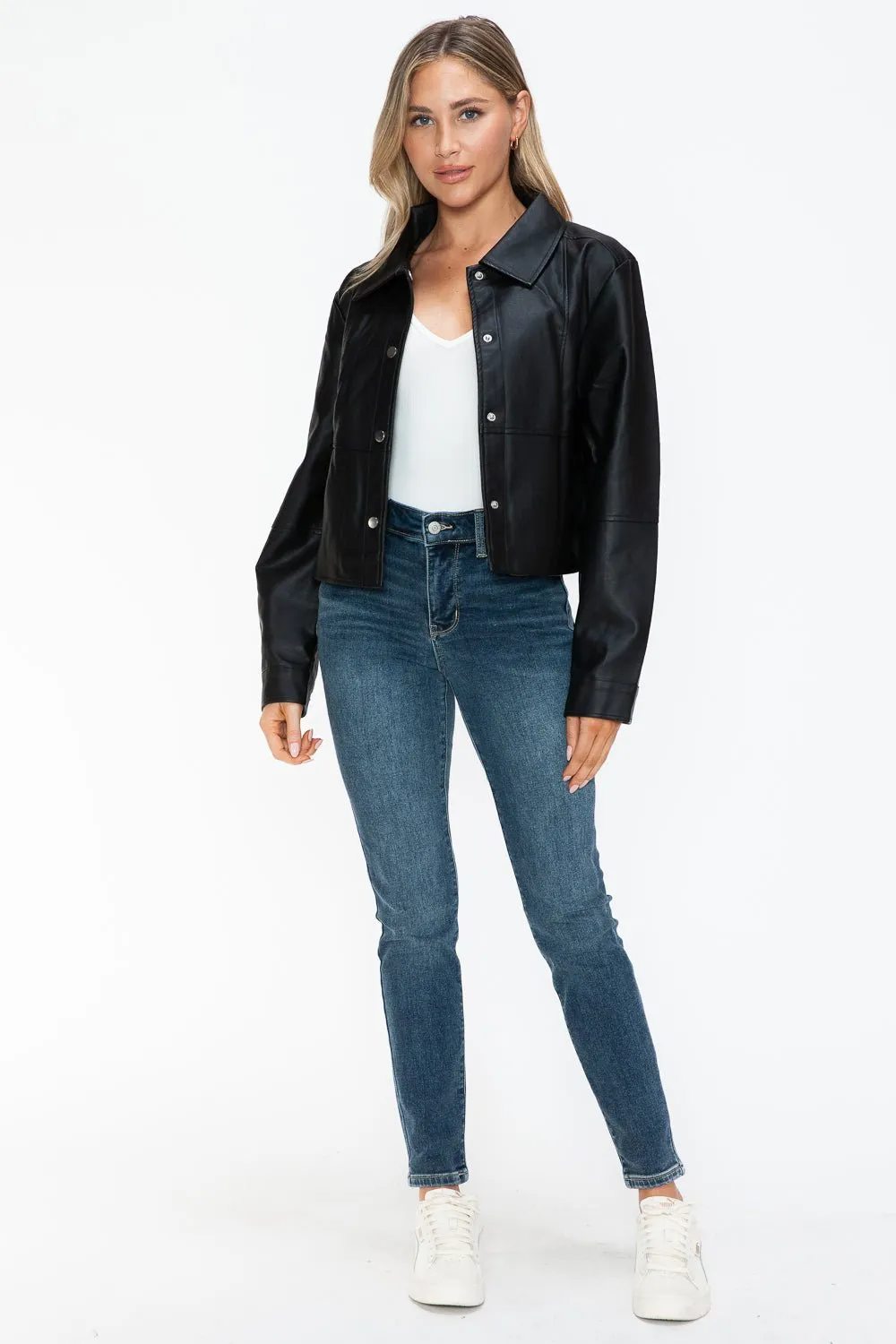 Black Snap Down Vegan Leather Jacket