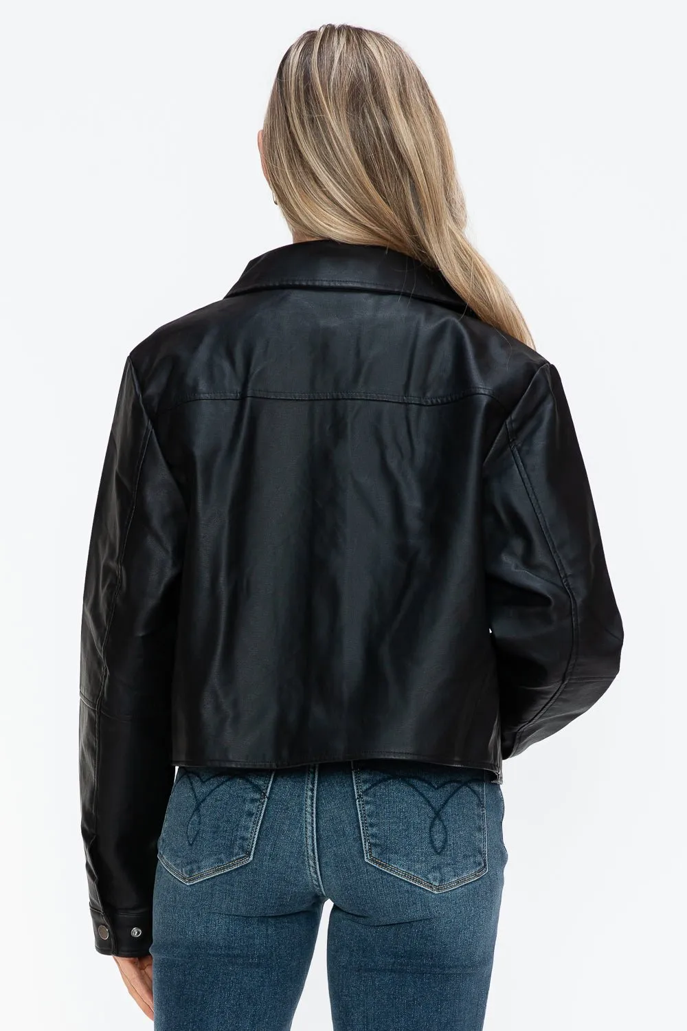Black Snap Down Vegan Leather Jacket