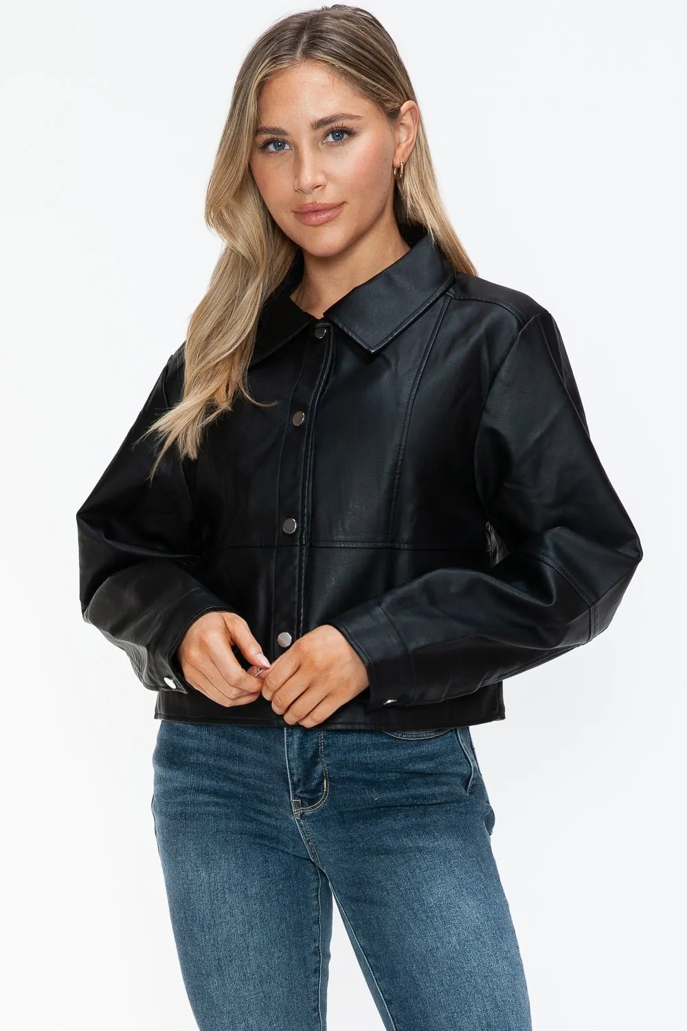 Black Snap Down Vegan Leather Jacket