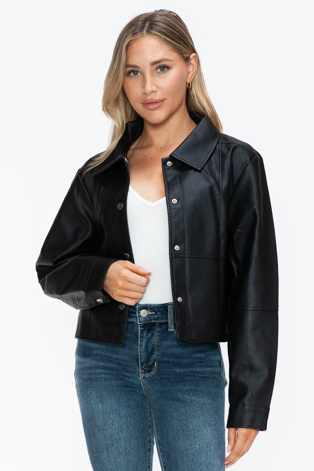 Black Snap Down Vegan Leather Jacket