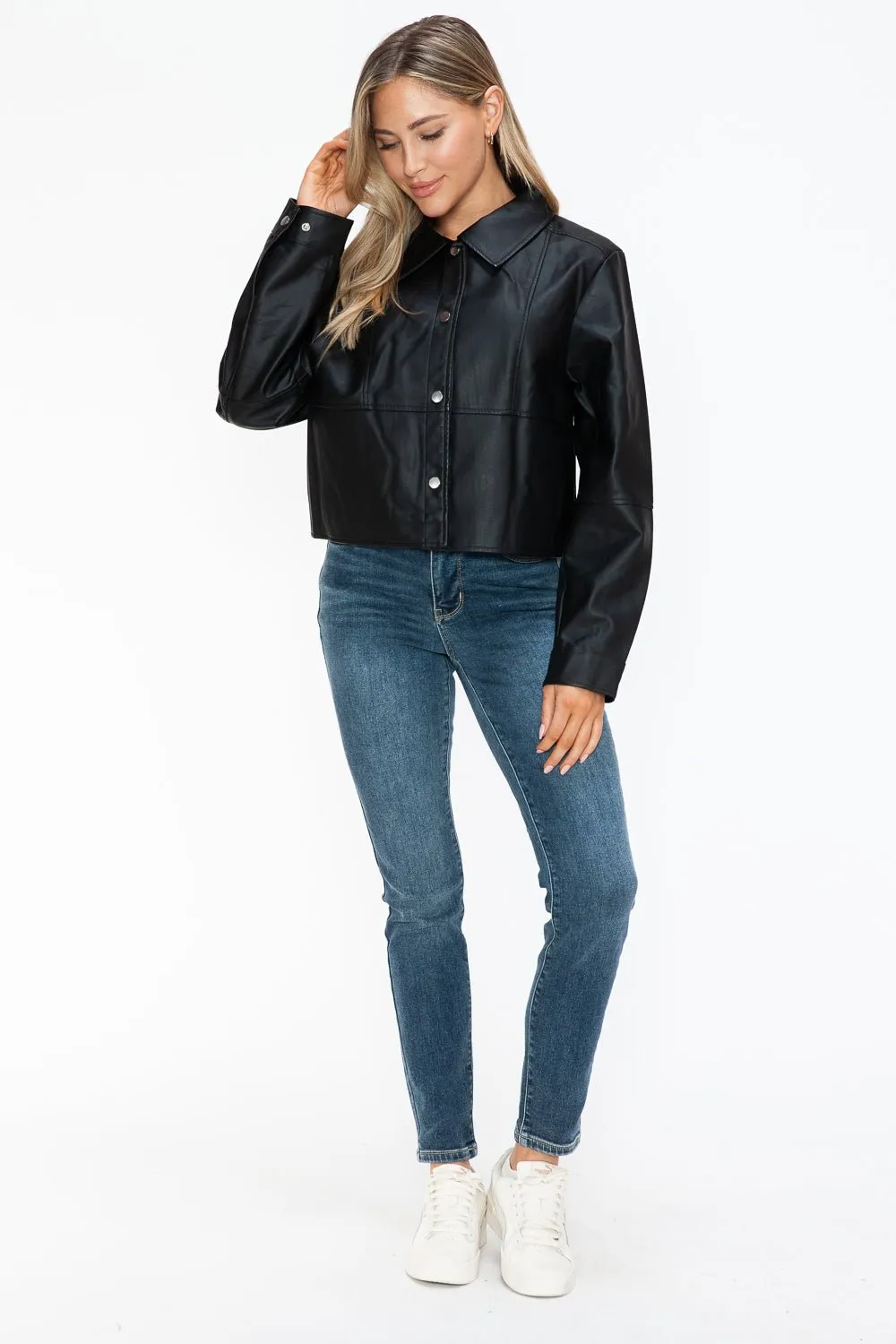 Black Snap Down Vegan Leather Jacket