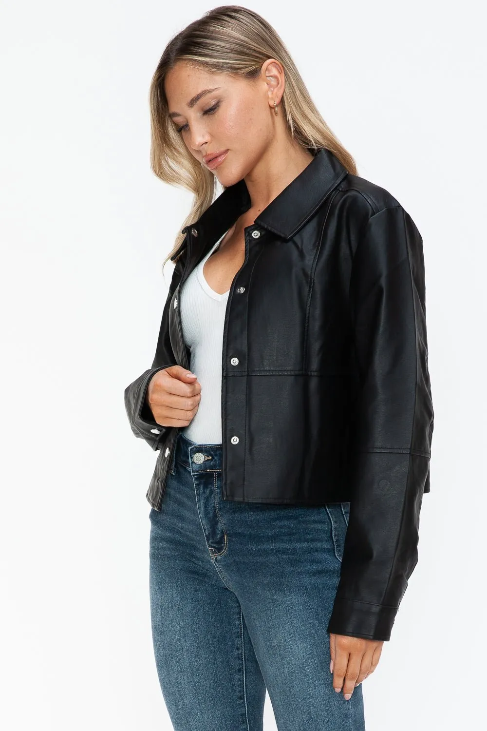 Black Snap Down Vegan Leather Jacket