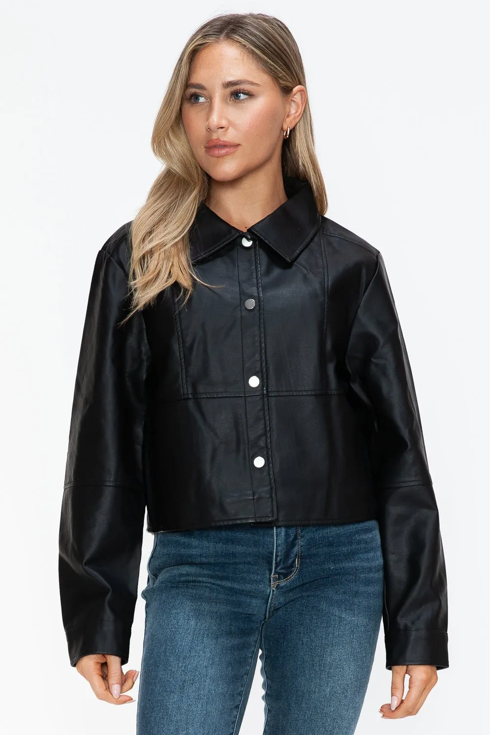 Black Snap Down Vegan Leather Jacket