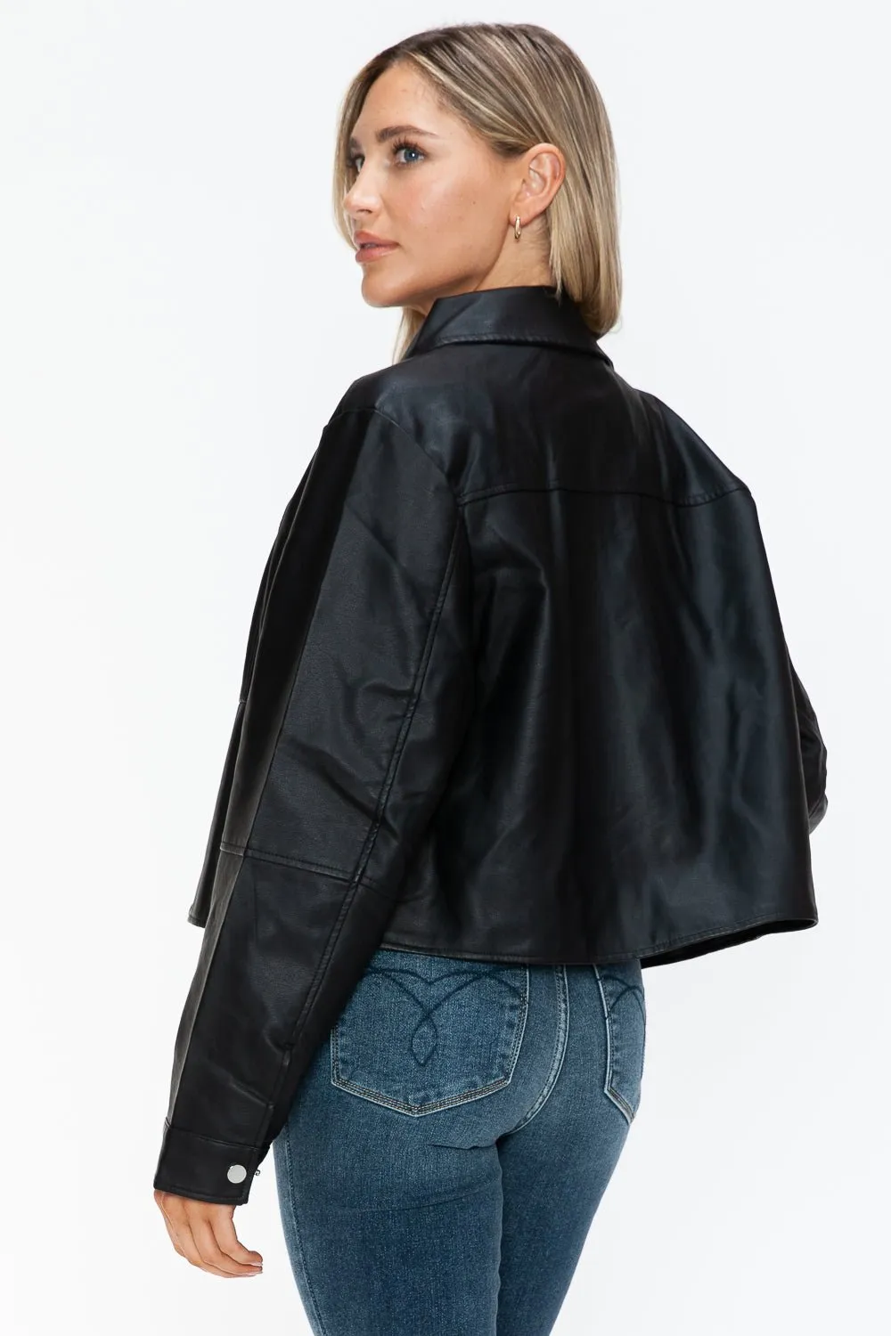 Black Snap Down Vegan Leather Jacket