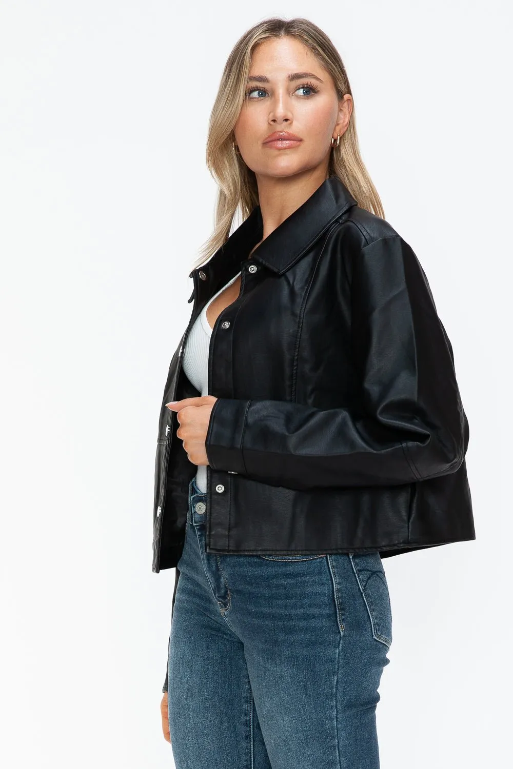 Black Snap Down Vegan Leather Jacket