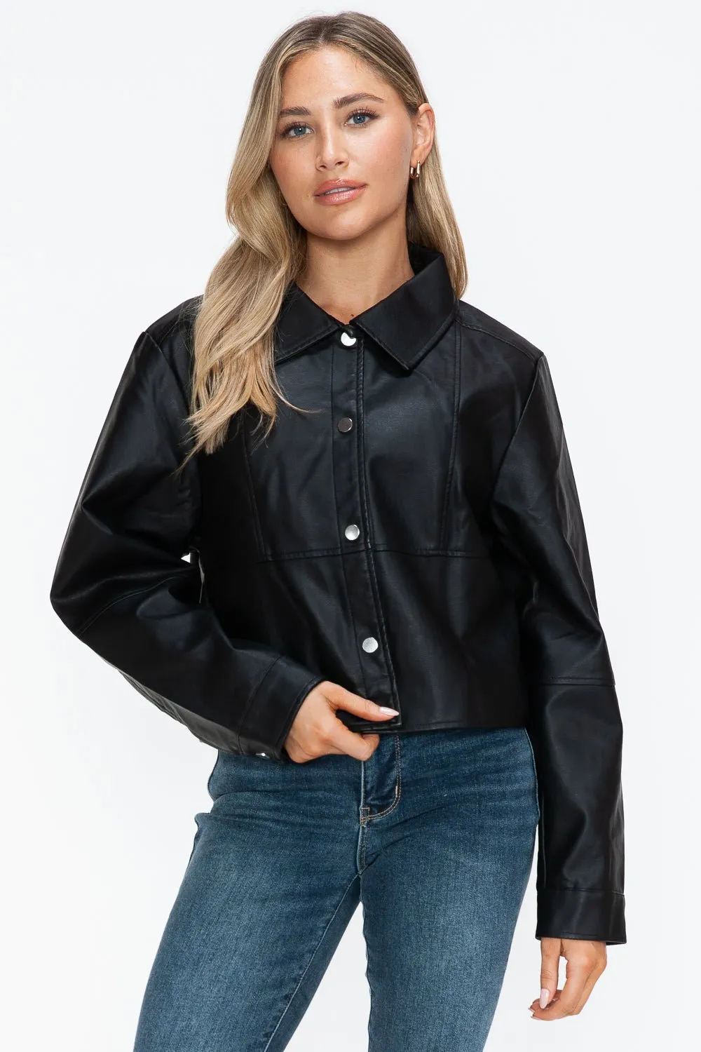 Black Snap Down Vegan Leather Jacket