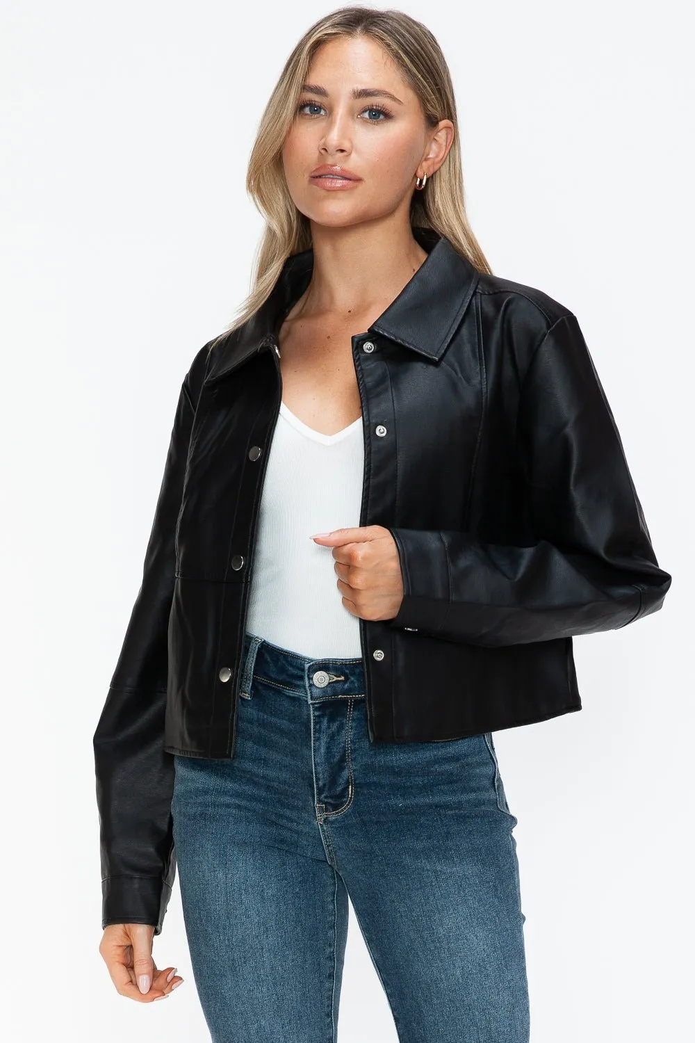 Black Snap Down Vegan Leather Jacket