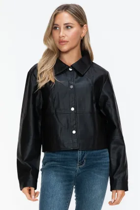 Black Snap Down Vegan Leather Jacket
