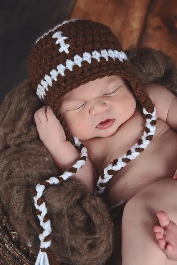 Brown & white football earflap hat