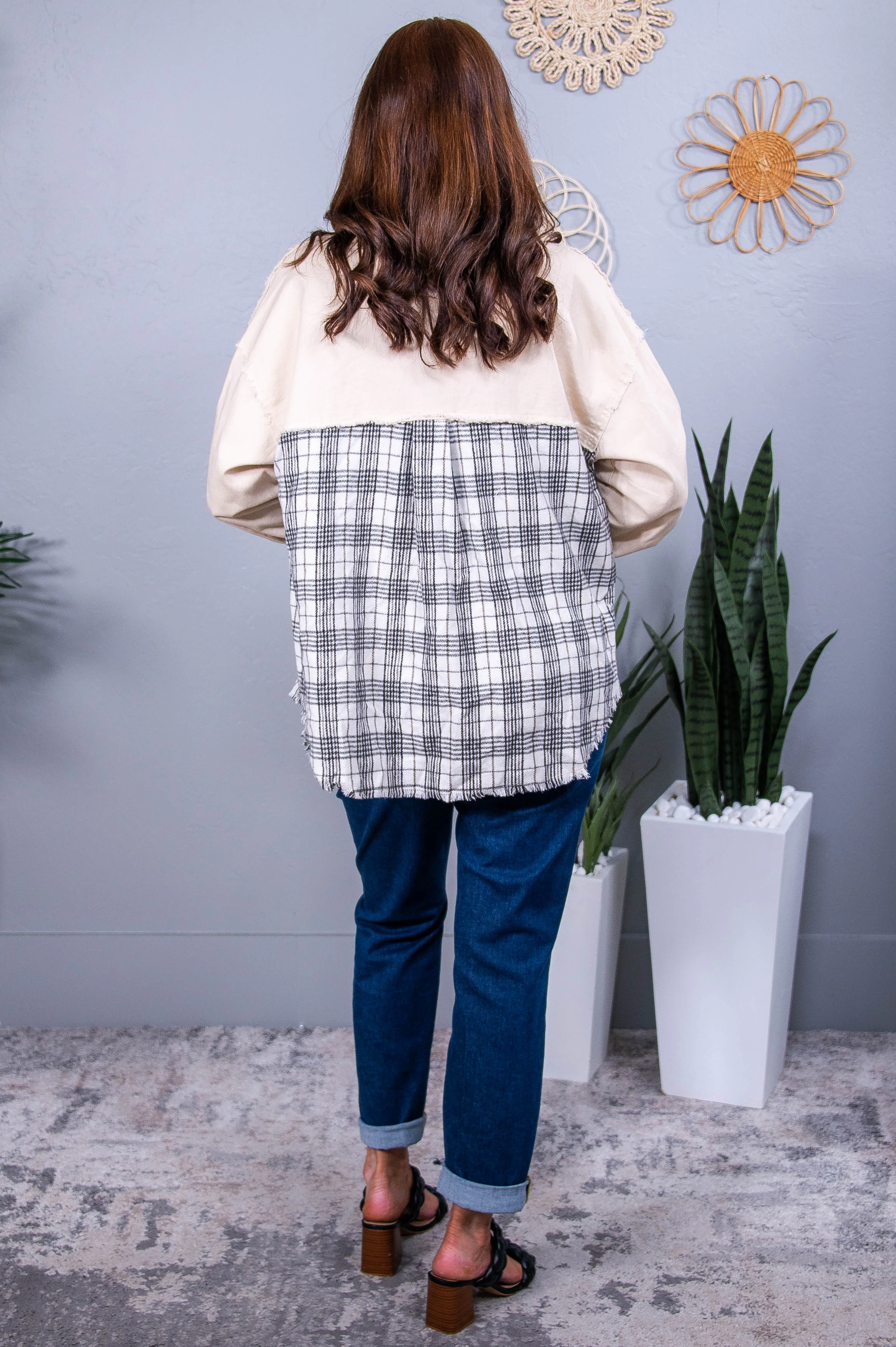 Effortlessly Edgy Khaki/Multi Color Plaid Frayed Patchwork Jacket - O5568KH