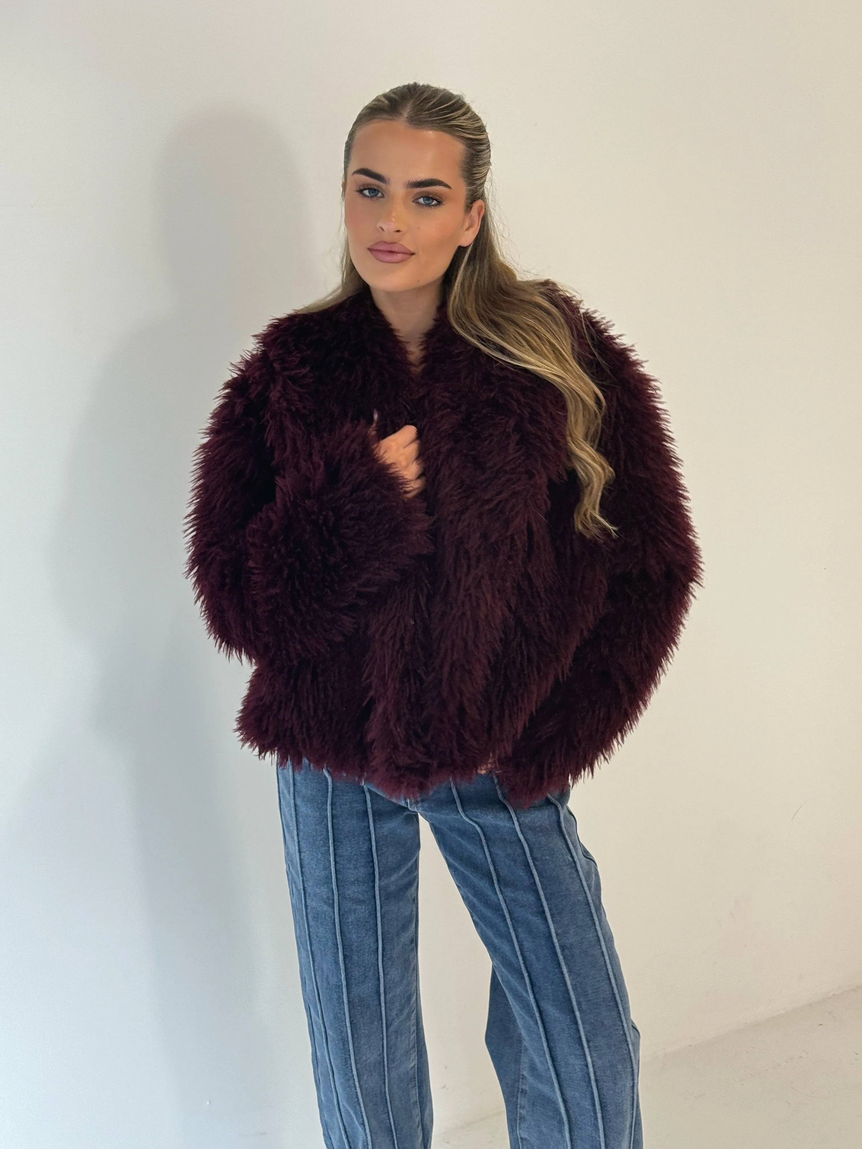 EMBER Faux Mongolian Fur Coat in Burgundy