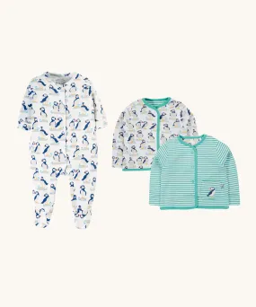Frugi Adorable Babygrow Gift Set - Puffin Pals/Moss Stripe