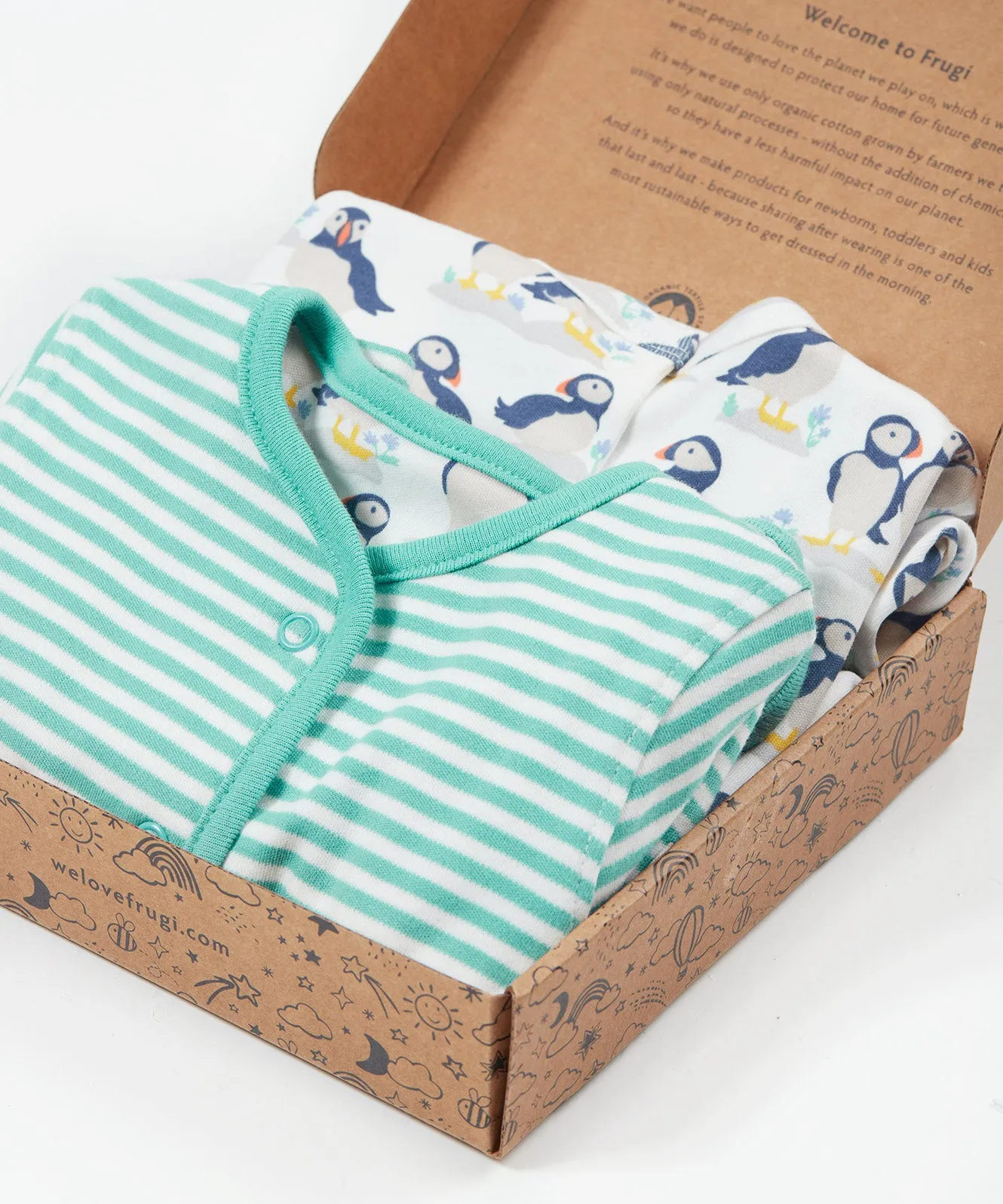 Frugi Adorable Babygrow Gift Set - Puffin Pals/Moss Stripe