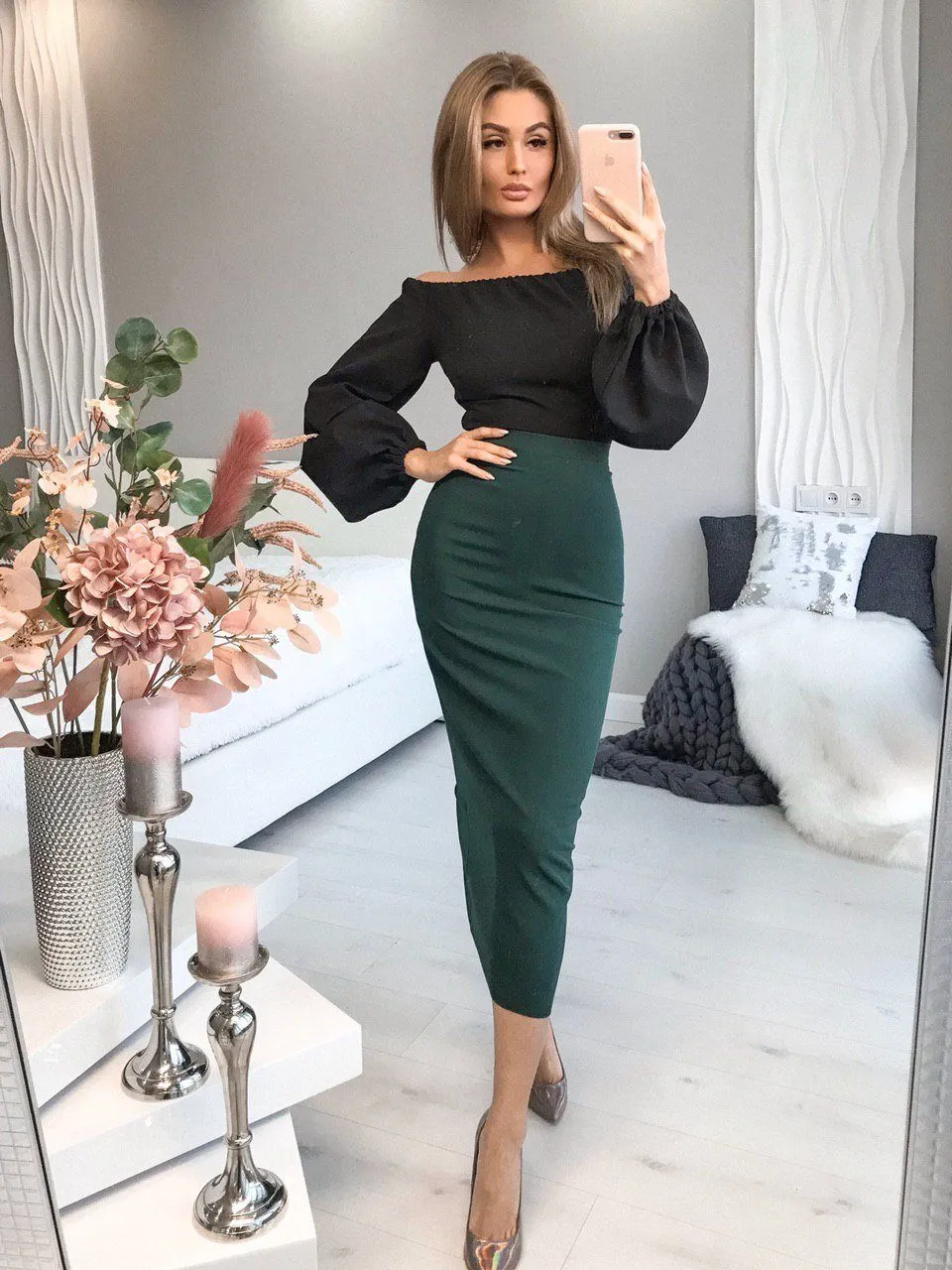 Green High Waist Pencil Skirt