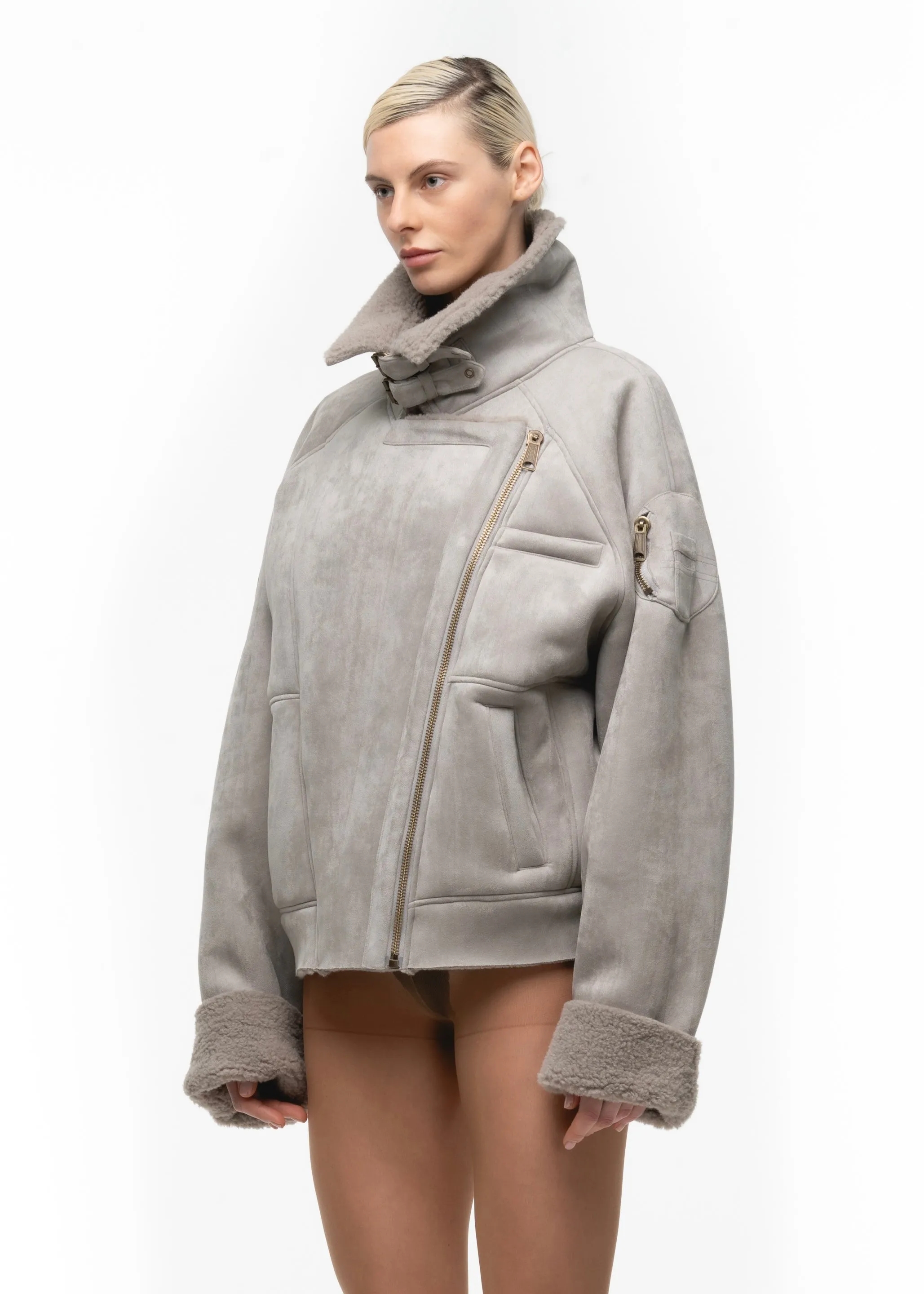 HEAVY FLIGHT SHEARLING JACKET GREY WOMEN'S CUT