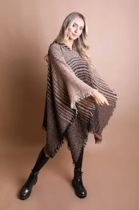 Herringbone Tweed Hooded Frayed Edge Poncho