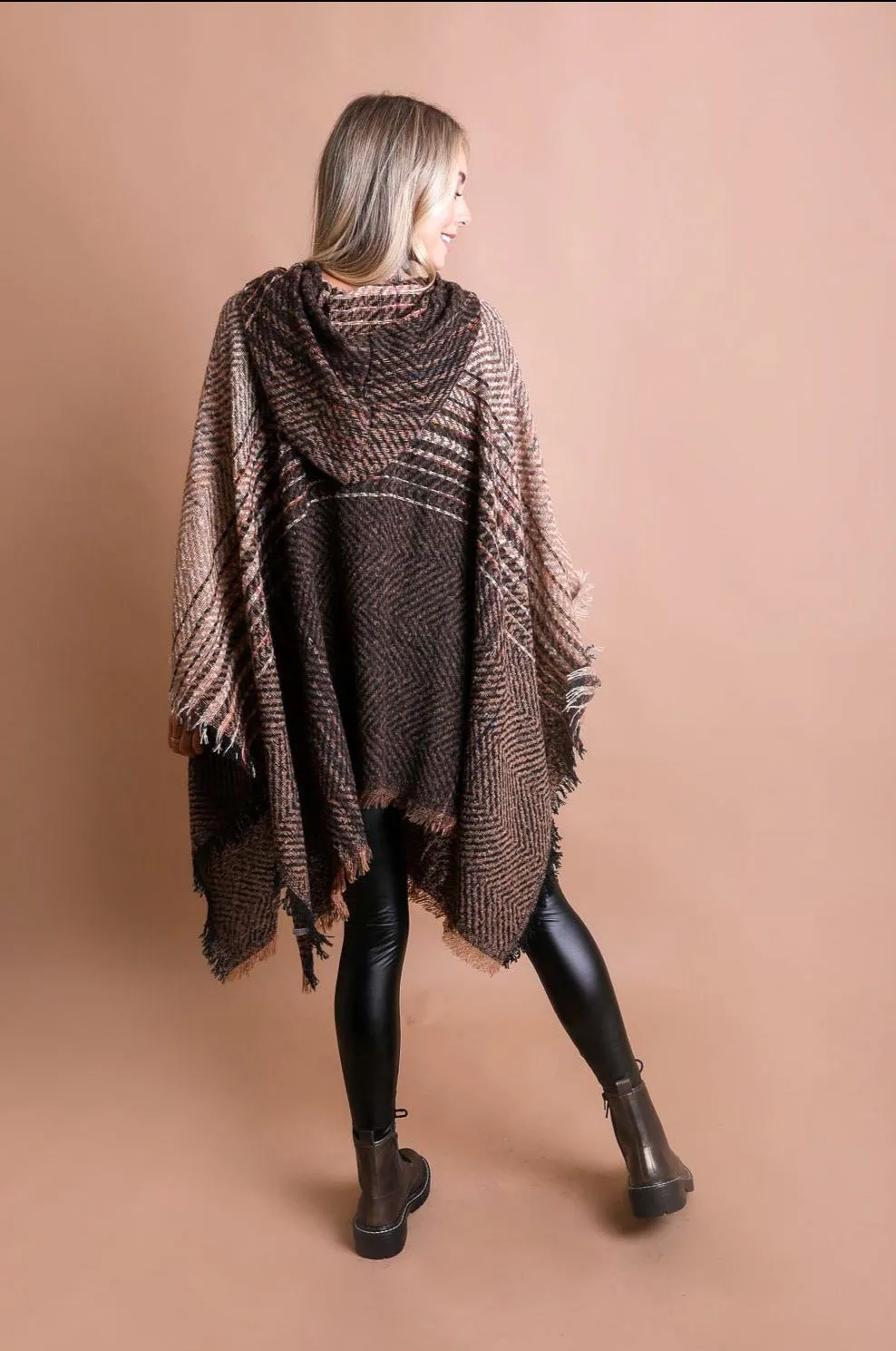 Herringbone Tweed Hooded Frayed Edge Poncho