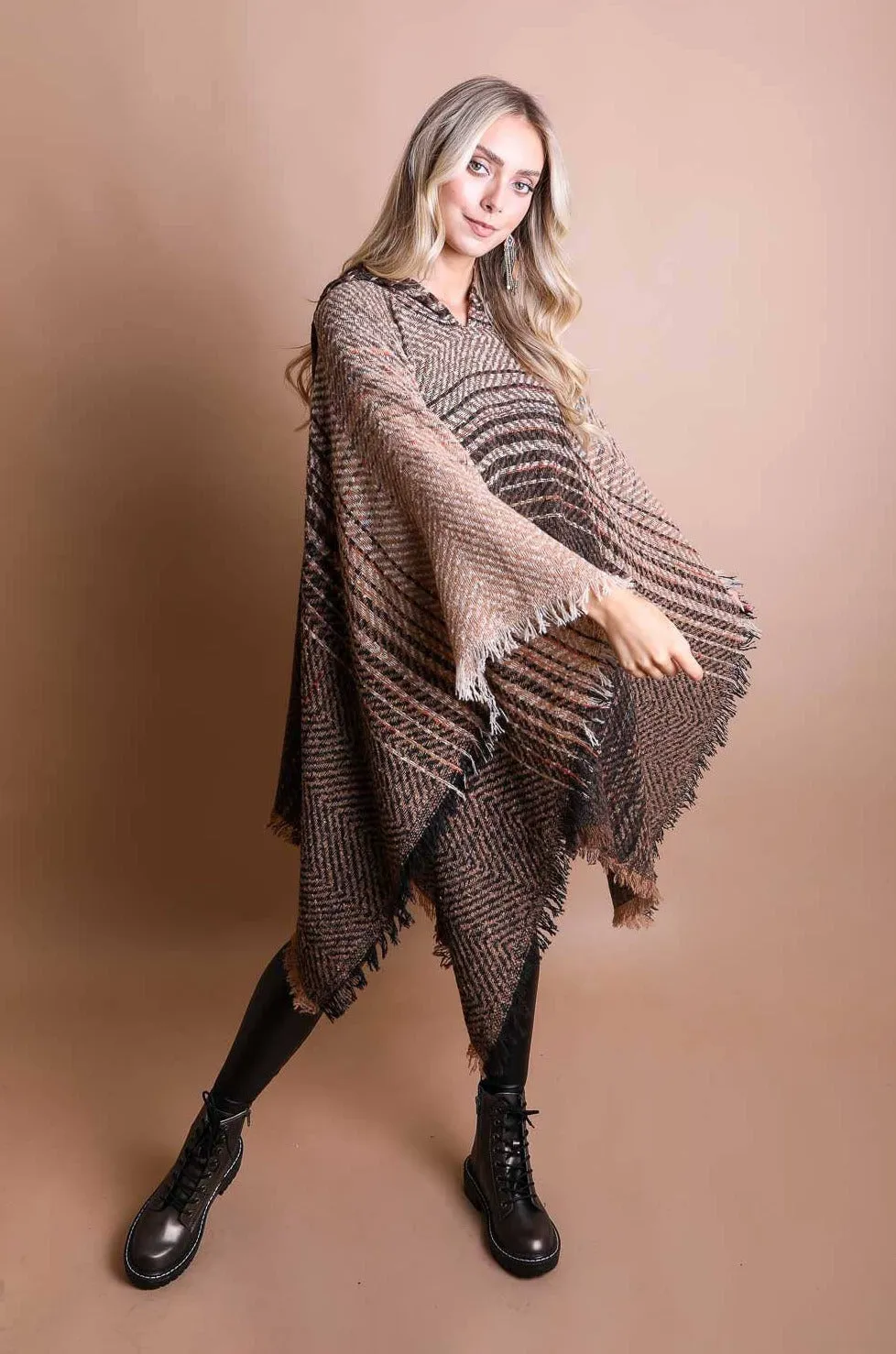 Herringbone Tweed Hooded Frayed Edge Poncho