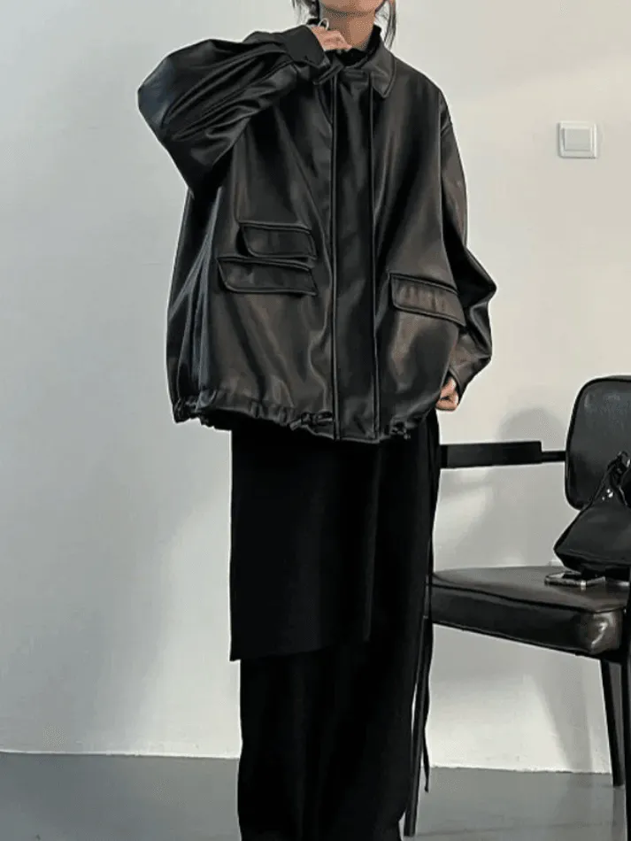 LANFUBEISI - Oversized Black Faux Leather Jacket