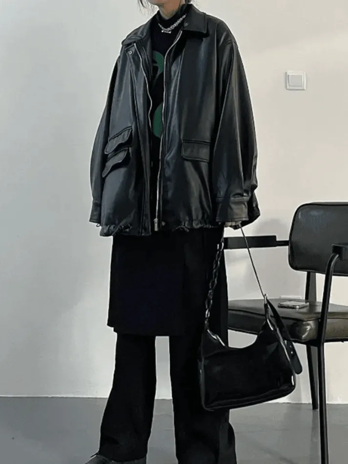 LANFUBEISI - Oversized Black Faux Leather Jacket