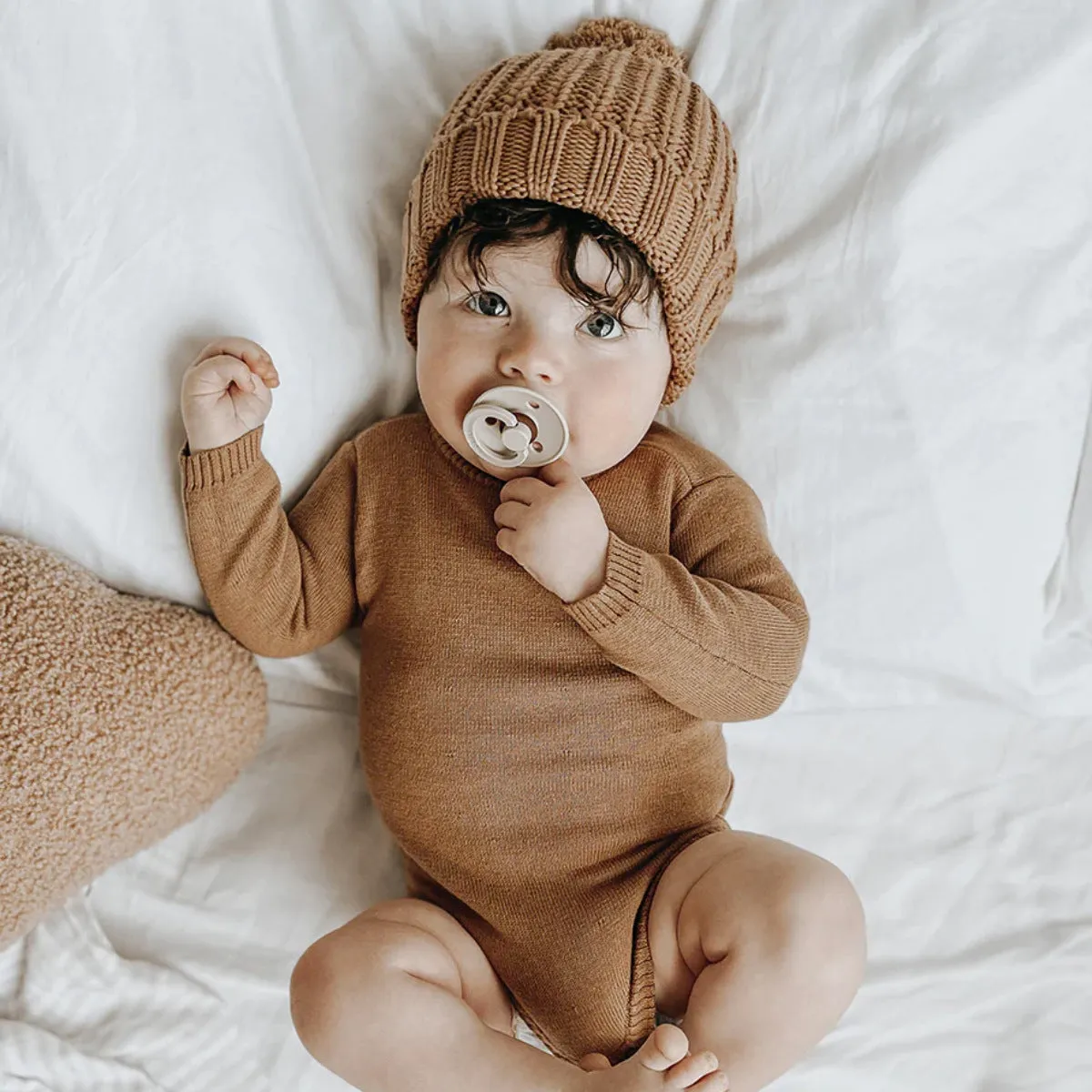 Long Sleeve Knit Bodysuit   Pom Pom Hat