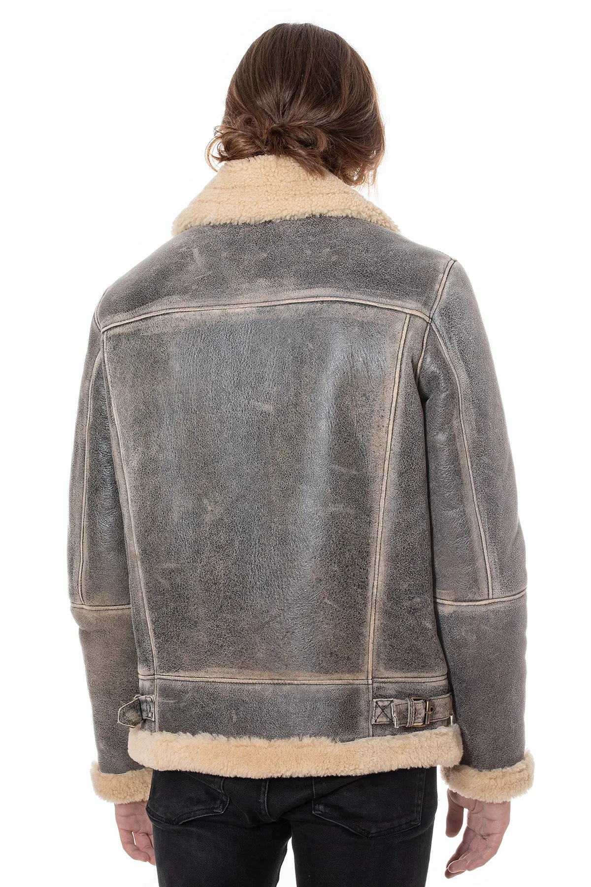 Men's Aviator Jacket, Distressed Grey with Beige Curly Wool