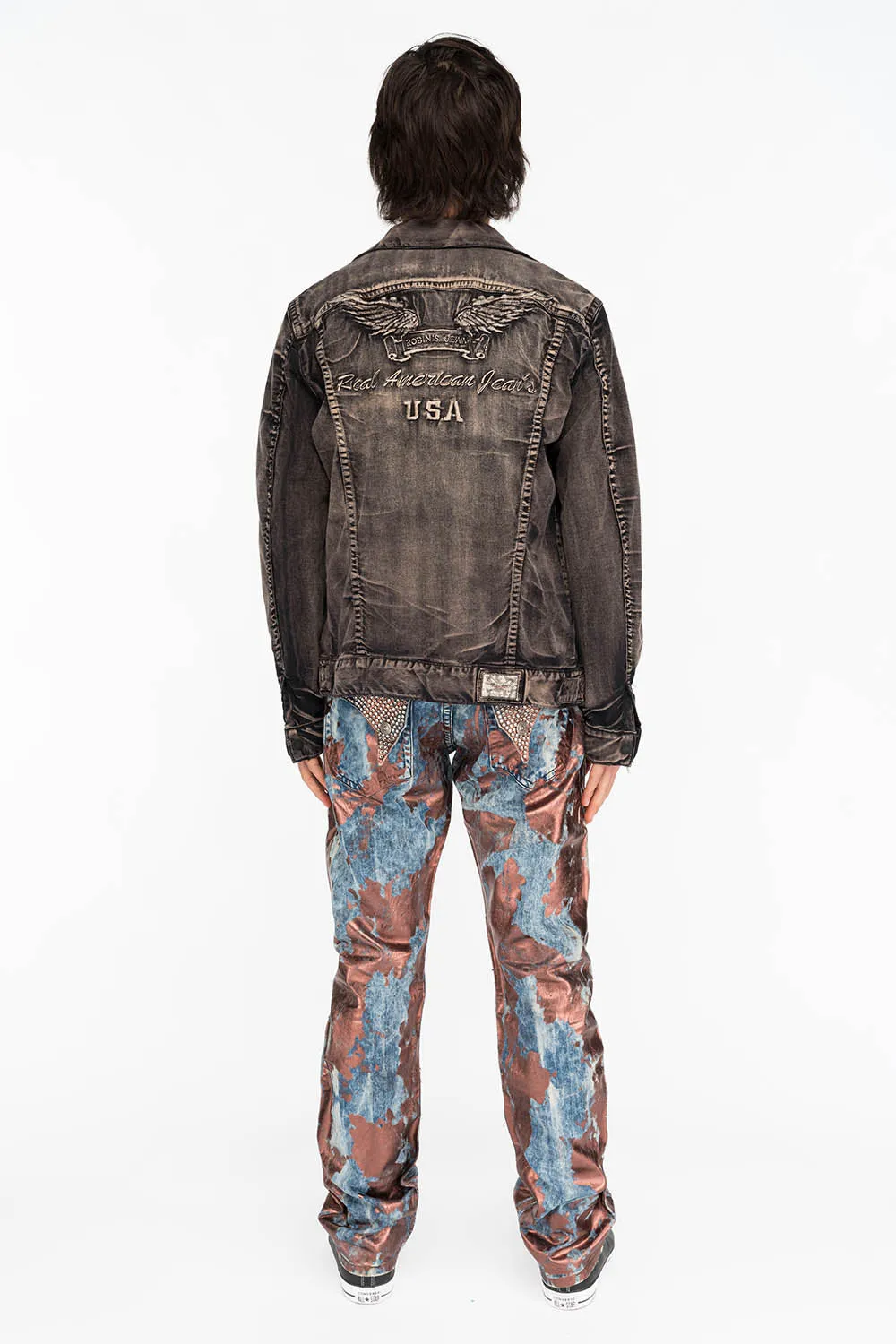 MENS LONG FLAP SLIM JEANS IN GOOD TIME COPPER WITH CRYSTALS