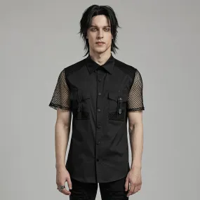 Men's Punk Big-pocket Mesh Splice Shirt