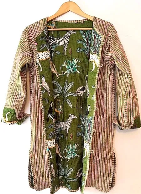 NEW Stroller Length Cotton Quilted  Womens Jacket Reversible With Stripe Piping. (Safari)