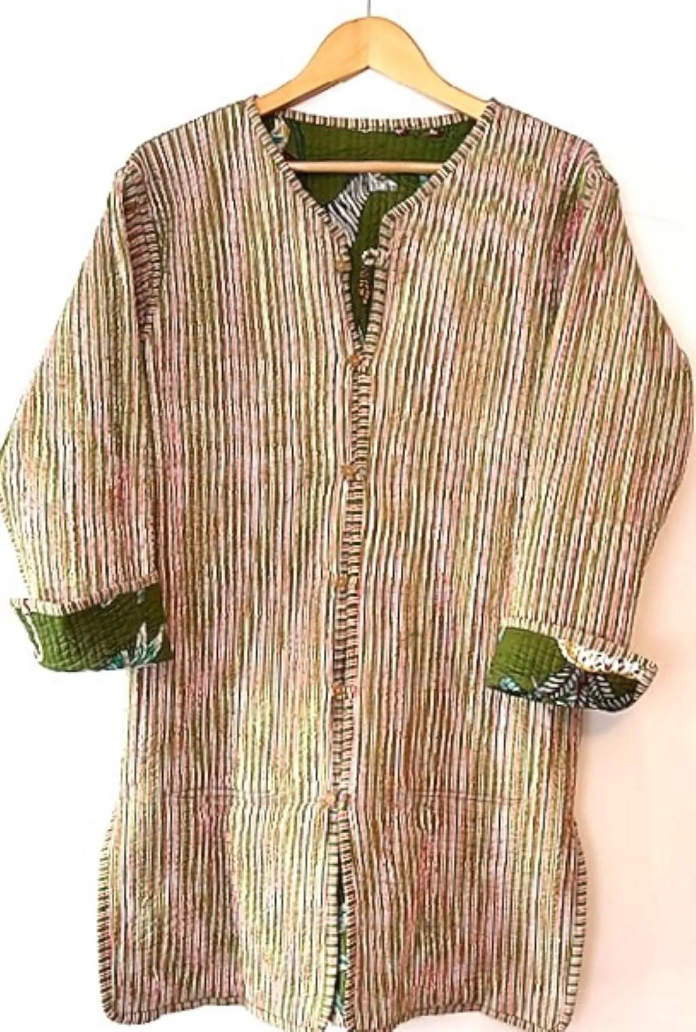 NEW Stroller Length Cotton Quilted  Womens Jacket Reversible With Stripe Piping. (Safari)