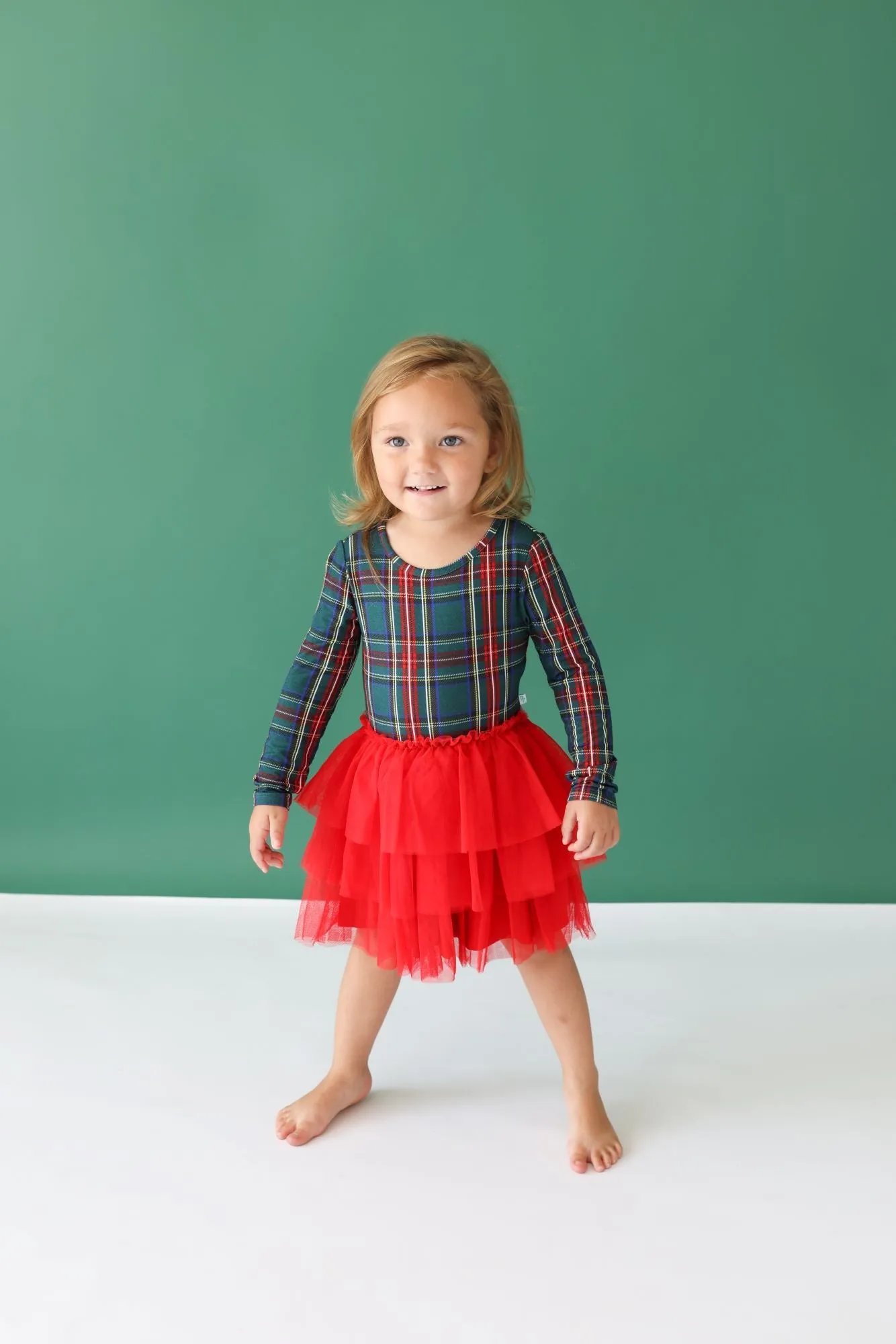 Posh Peanut Tartan Plaid Long Sleeve Tulle Dress