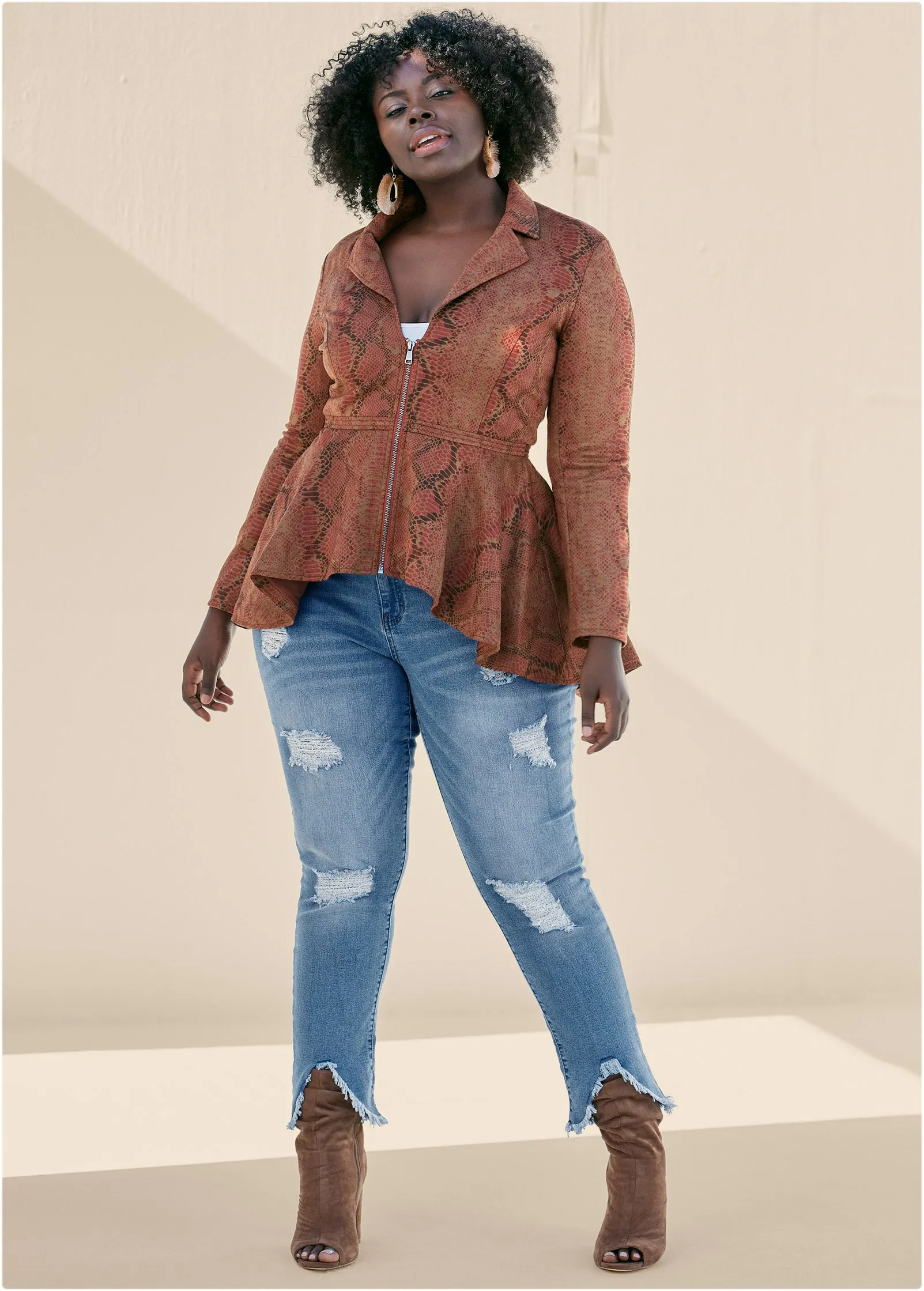 Python Print Hi-Low Faux Suede Jacket - Tan Multi