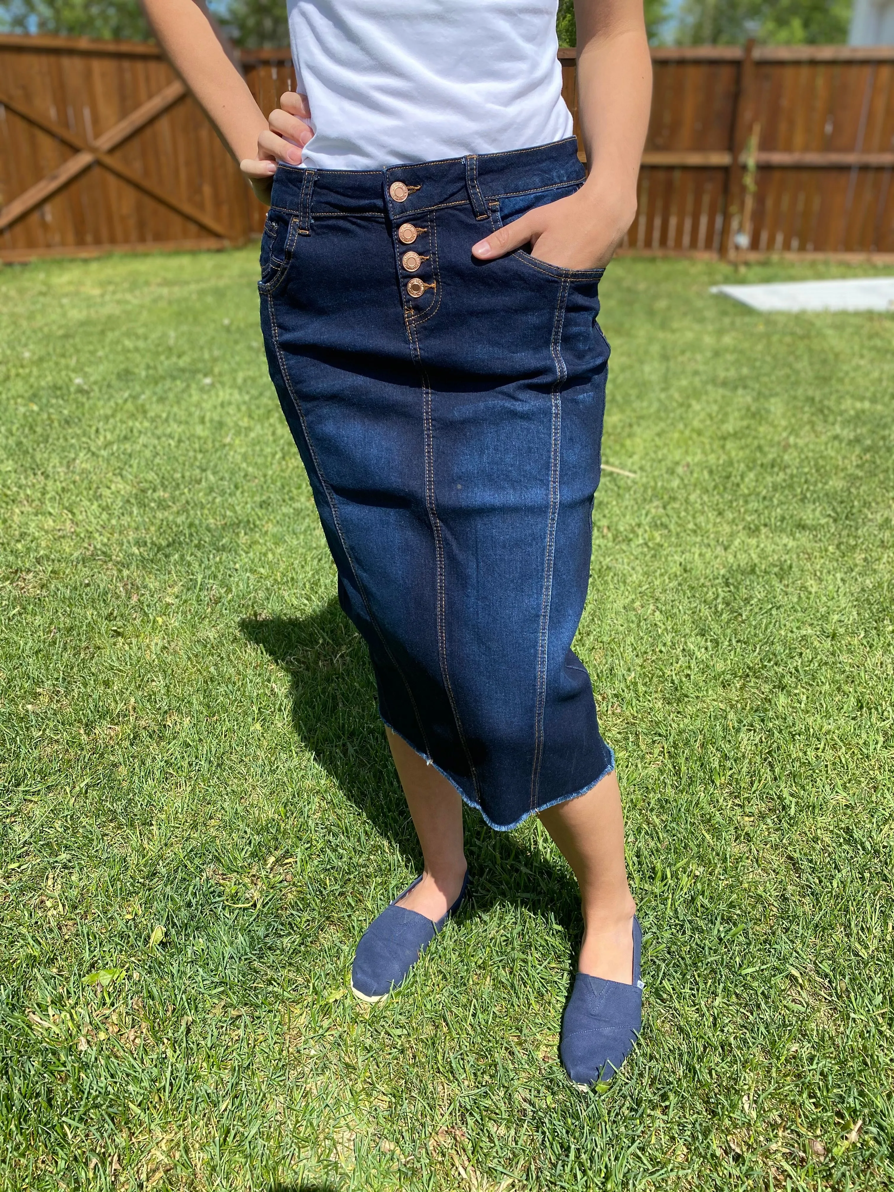 "Paisley" Dark Indigo Button Down Opening Calf Length Pencil Skirt - CLEARANCE