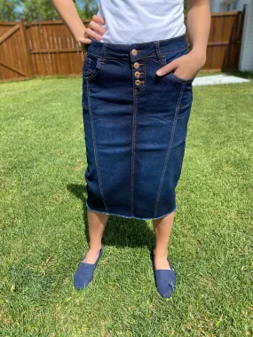 "Paisley" Dark Indigo Button Down Opening Calf Length Pencil Skirt - CLEARANCE