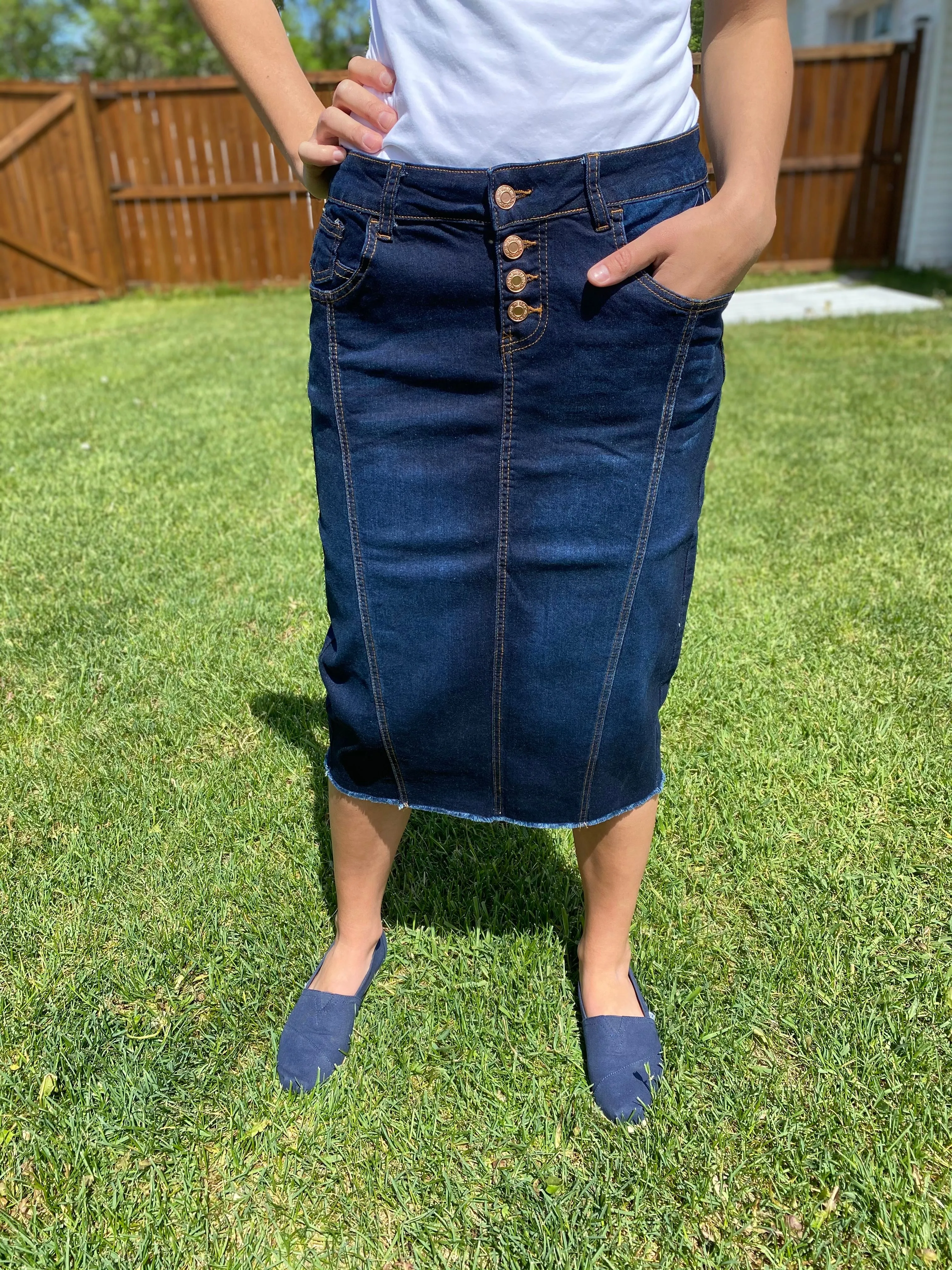 "Paisley" Dark Indigo Button Down Opening Calf Length Pencil Skirt - CLEARANCE