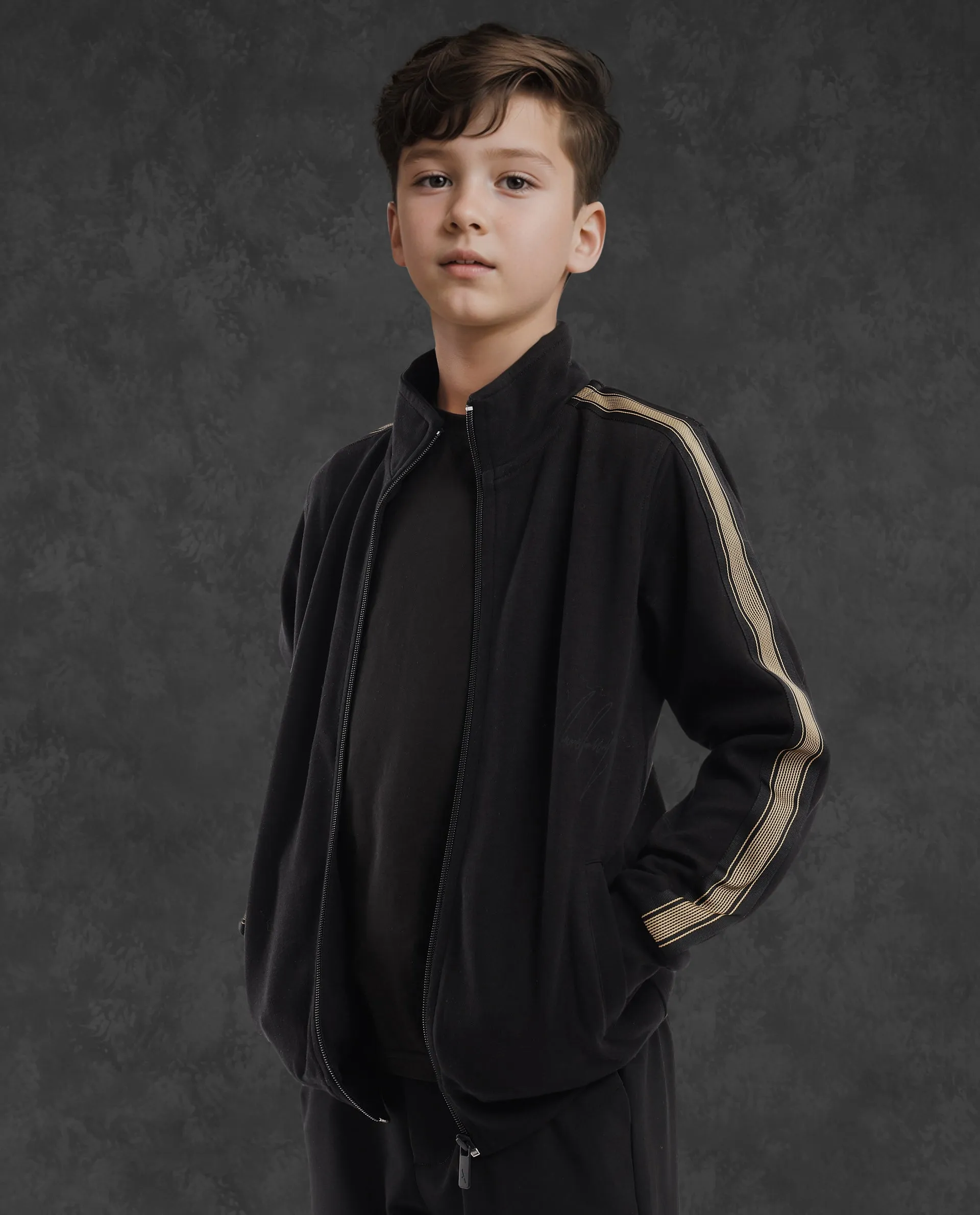 Rare Ones Kids Jacksign Black Cotton Full Sleeves High Neck Striped Sleeve Zipper Closure Solid Jacket