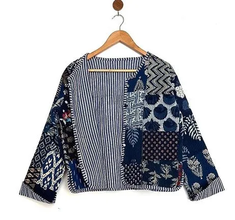 Reversible Cotton Quilted  Womens Jacket With Stripe Piping (Navy or Olive)
