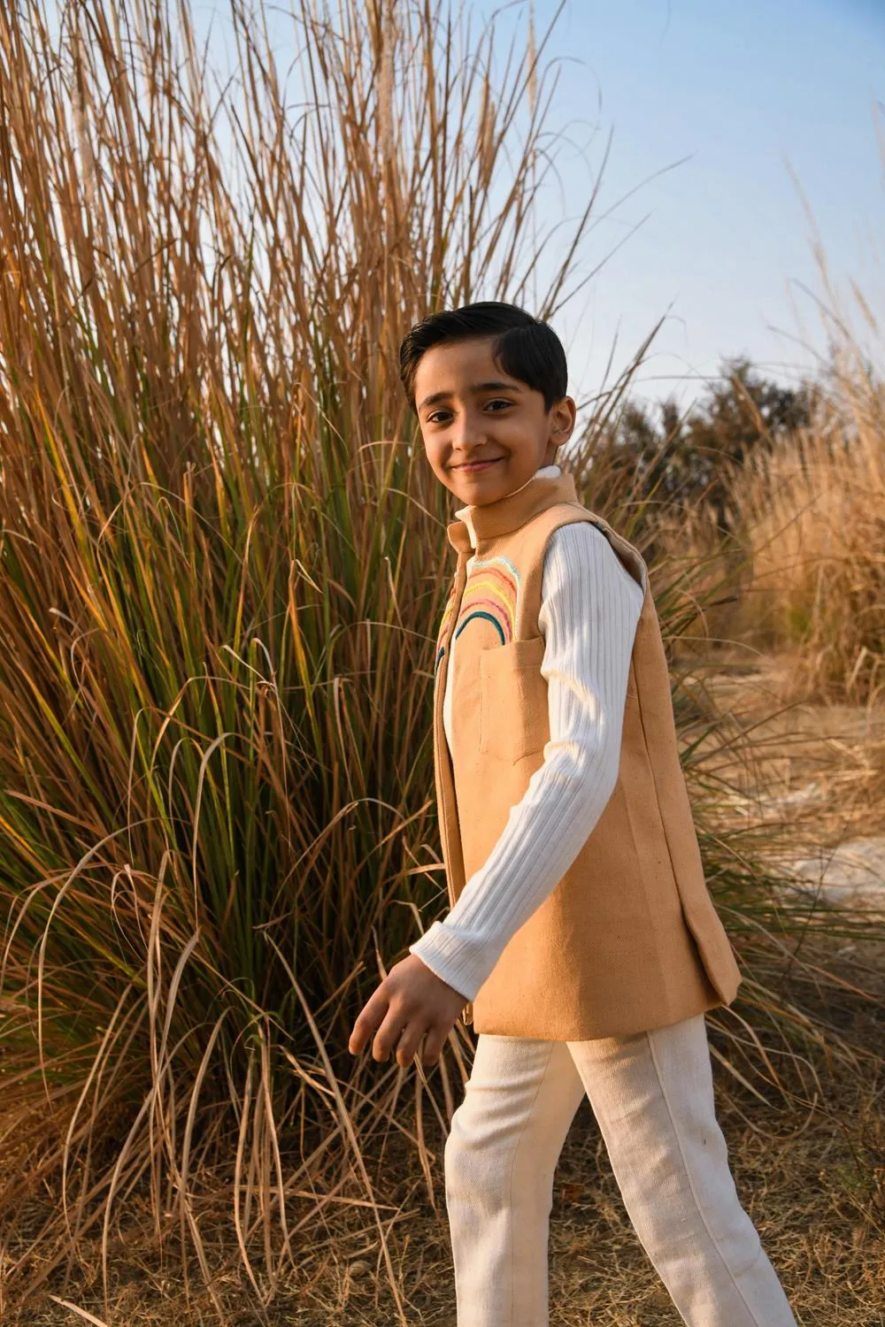 Wily Prism- Embroidered Sleeveless Cotton Denim Jacket For Boys