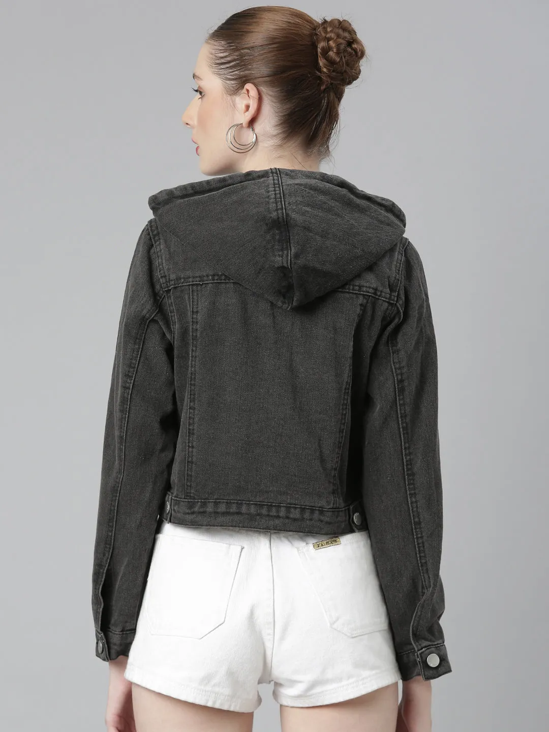 Women Black Solid Denim Jacket