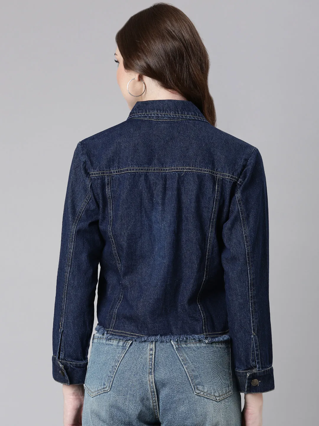 Women Navy Blue Solid Denim Jacket
