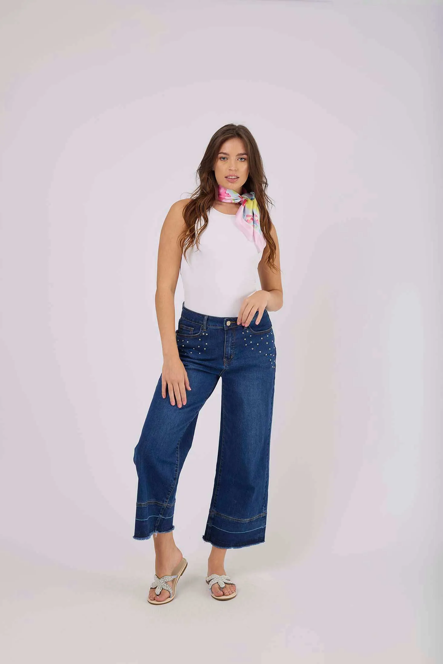 Women Wide Leg Denim with Studs - Medium Indigo
