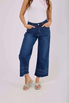 Women Wide Leg Denim with Studs - Medium Indigo
