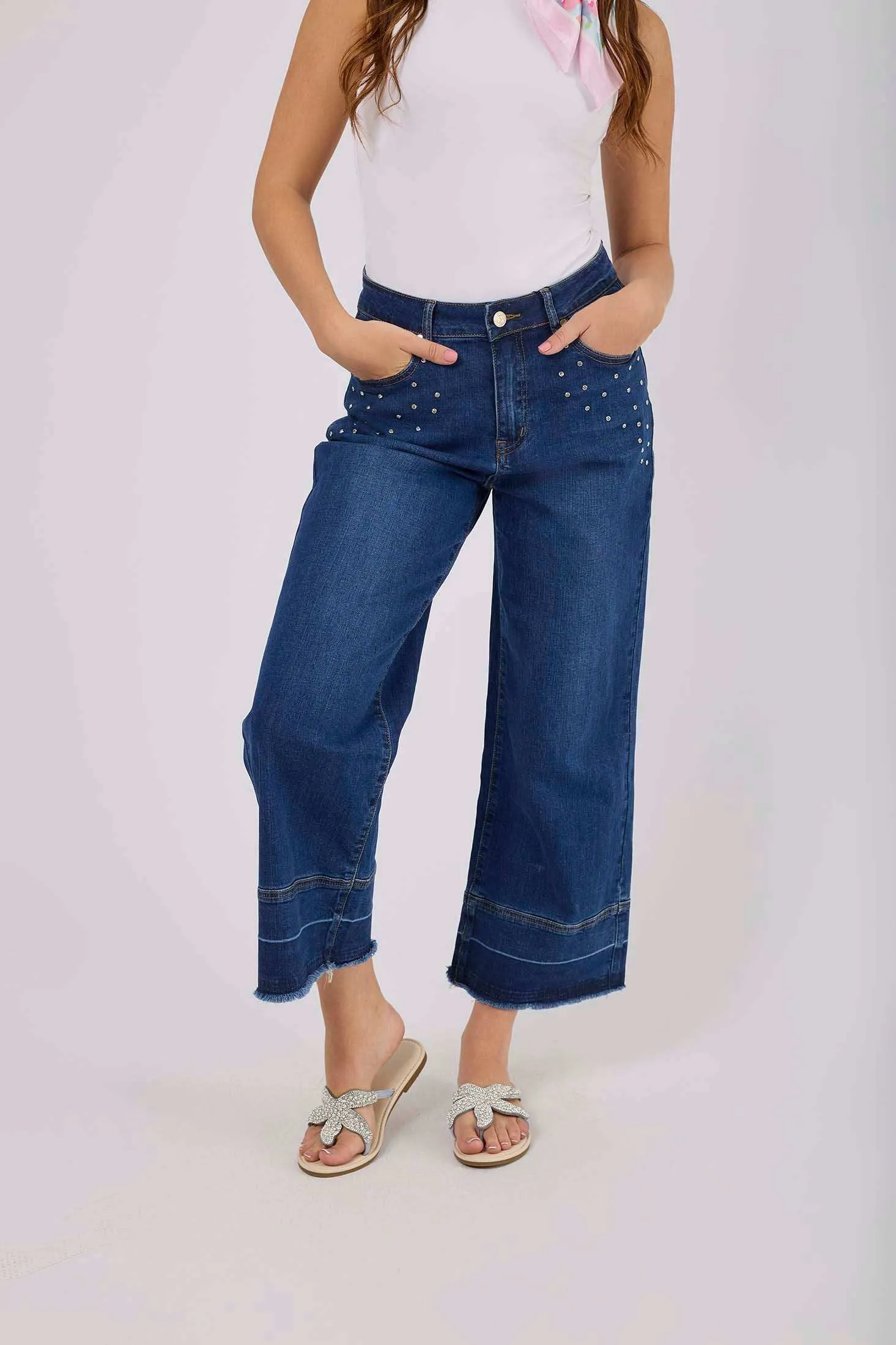 Women Wide Leg Denim with Studs - Medium Indigo
